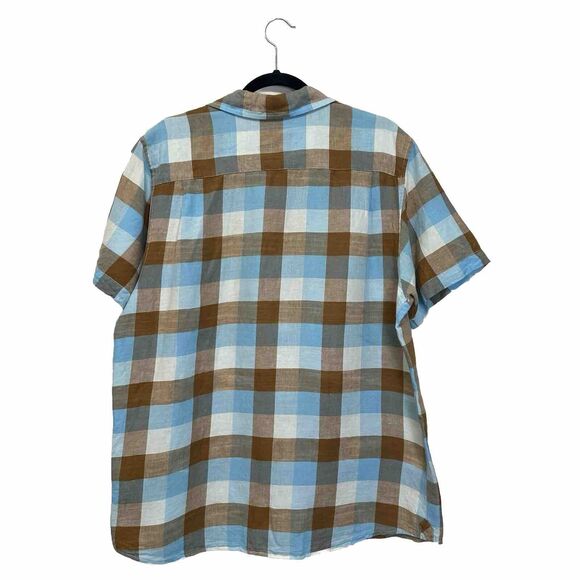 The North Face Mens‎ Large Blue Plaid Linen Cotton Short Sleeve Button Up Shirt - Picture 2 of 13